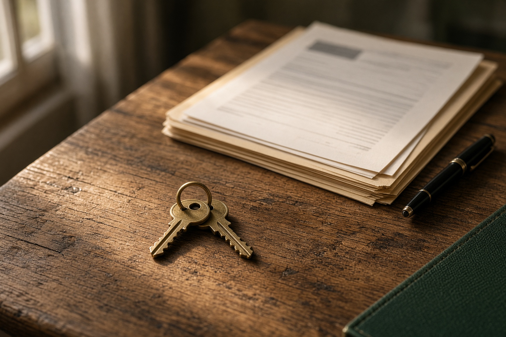 House keys and closing documents on a wood table