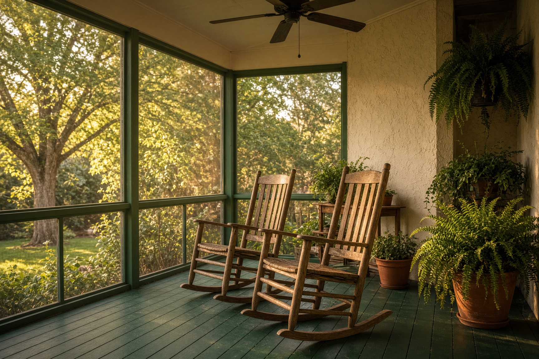 A screened Florida porch with rocking chairs at sunset