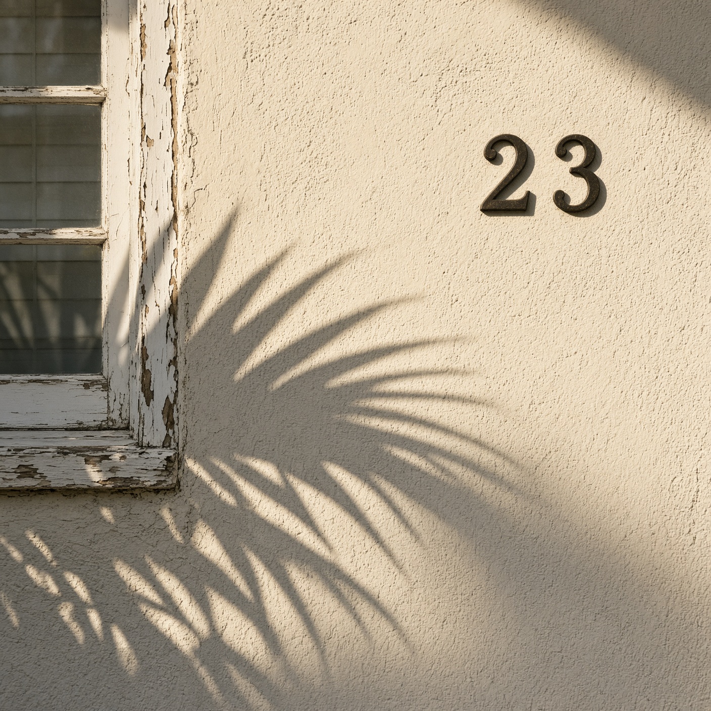 Weathered stucco and a metal house number on a Florida home